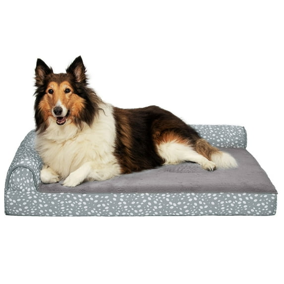 FurHaven Pet Products Plush Fur & Almond Print Cooling Gel Memory Foam Deluxe L-Chaise Pet Bed for Dogs & Cats - Gray Almonds, Jumbo