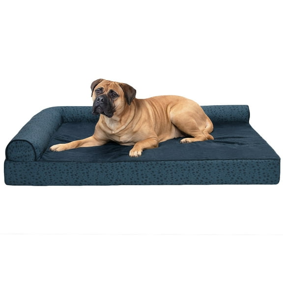 FurHaven Pet Products Plush Fur & Almond Print Memory Top Deluxe L-Chaise Sofa-Style Pet Bed for Dogs & Cats - Blue Almonds, Jumbo Plus