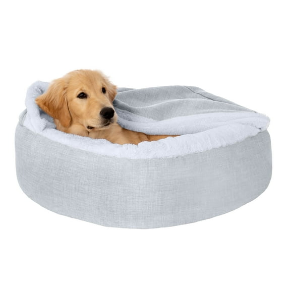 FurHaven Plush & Performance Linen Hooded Donut Pet Bed for Dogs & Cats - Mist Gray, Medium - 27"