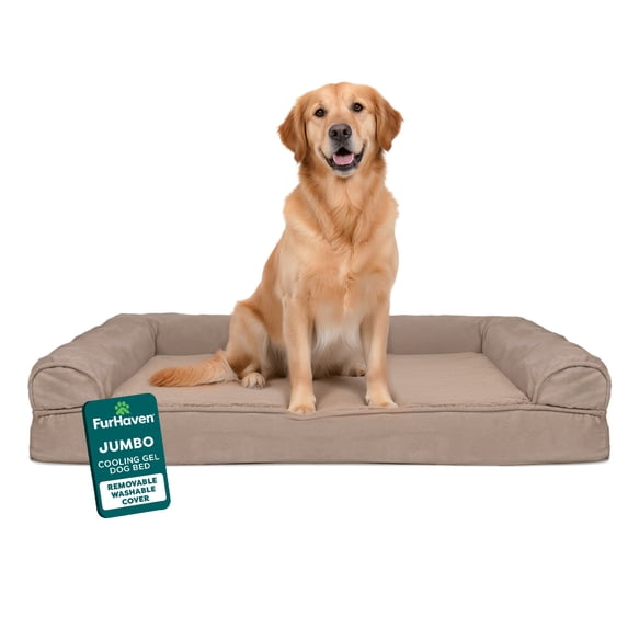FurHaven Plush & Suede Cooling Gel Foam Top Sofa Pet Bed for Dogs & Cats - Almondine, Jumbo
