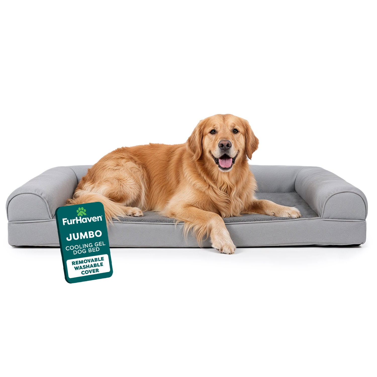 Furhaven Cooling Gel Dog Bed for Large Dogs w/ Removable Bolsters & Washable Cover, For Dogs Up to 95 lbs - Plush & Suede Sofa - Gray, Jumbo/XL