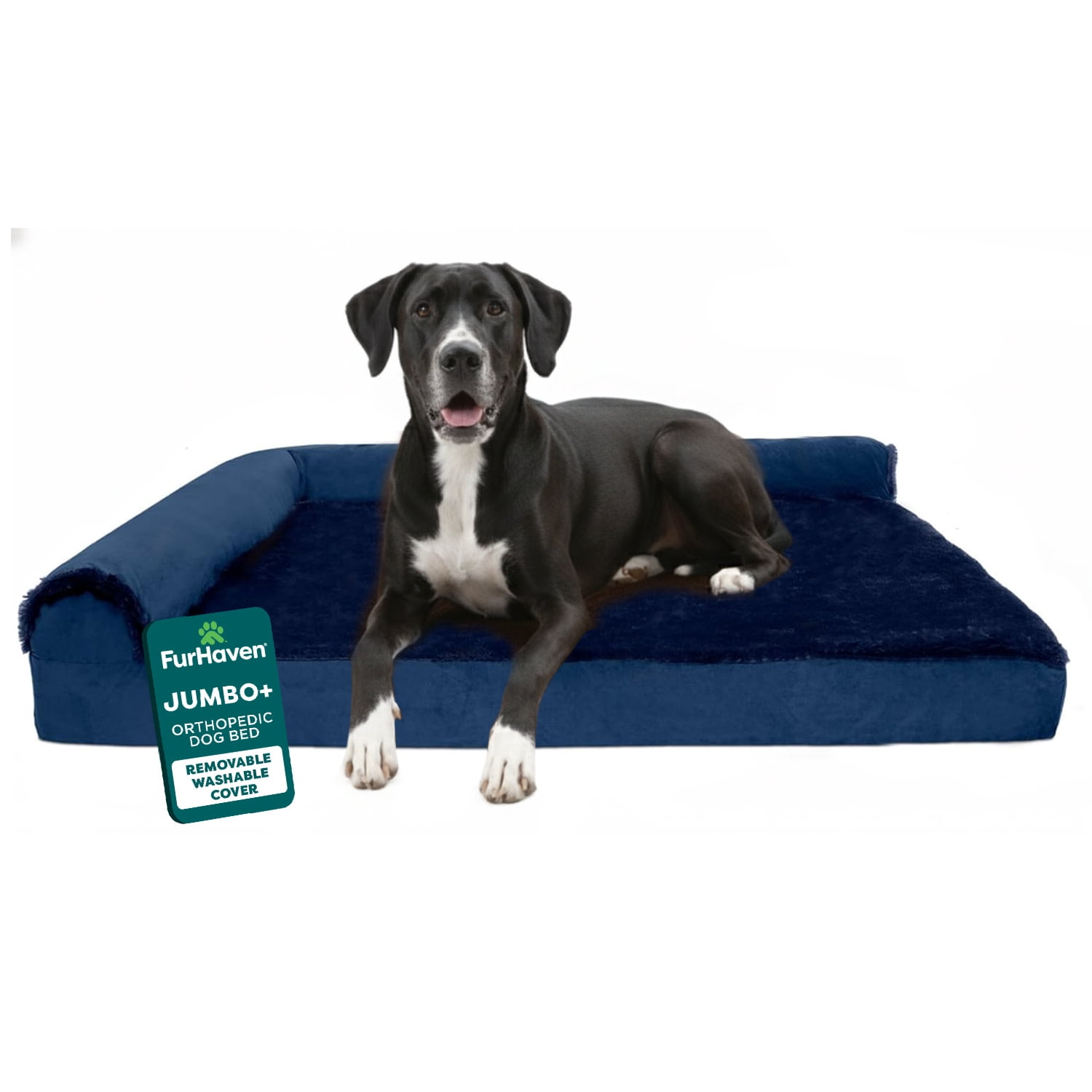 FurHaven Orthopedic Dog Bed for Large Dogs, L-Shaped Chaise Mattress, Solid Orthopedic Foam Slab for Joint Support, Removable Washable Cover, Jumbo Plus XXL, Plush & Velvet, Deep Sapphire