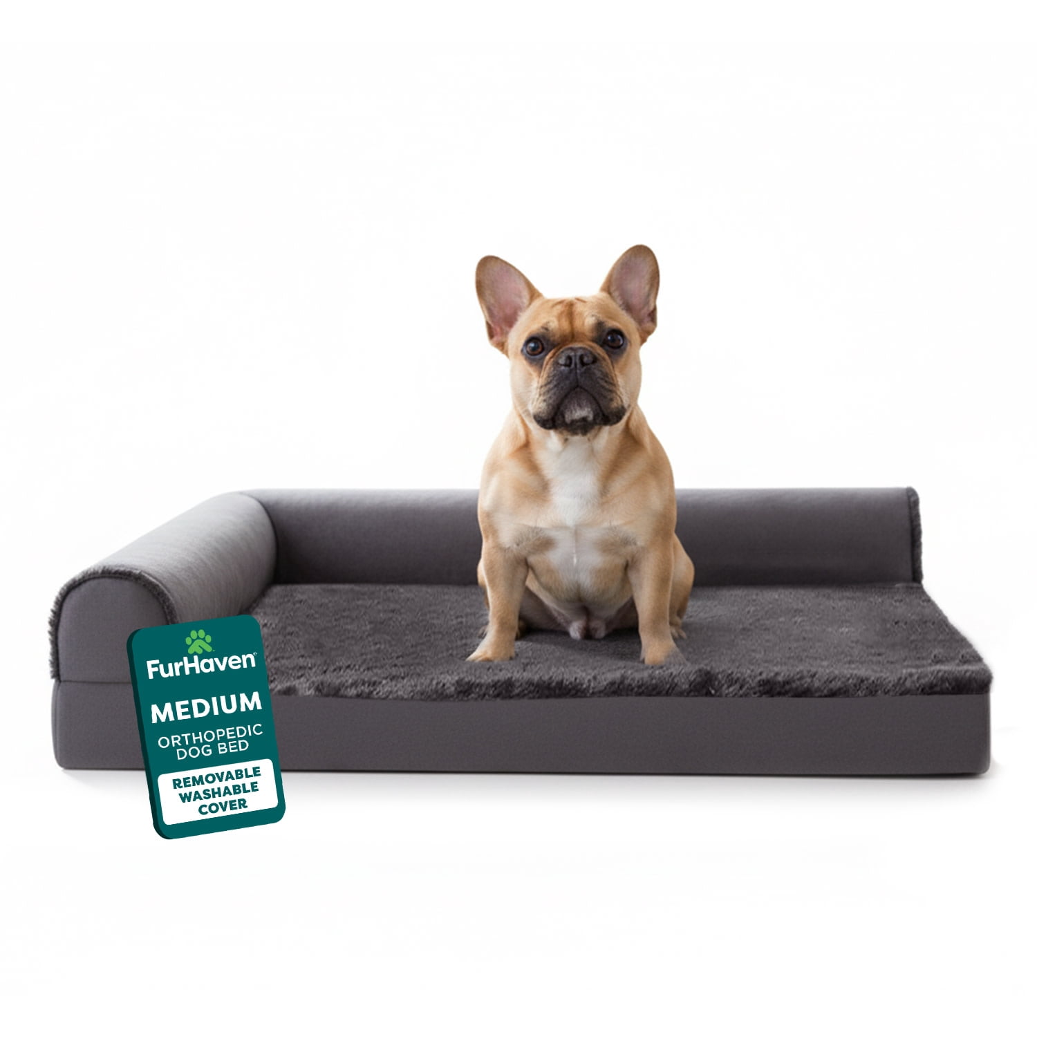 FurHaven Orthopedic Dog Bed for Medium Dogs, L-Shaped Chaise Mattress with Orthopedic Egg Crate & a Solid Orthopedic Foam Base for Joint Support, Washable Cover, Medium, Plush & Velvet, Platinum Gray