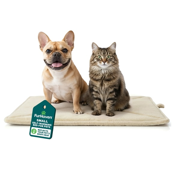 FurHaven ThermaNAP Self Warming Cat Mat, Dog Bed for Crates with Self-Warming Technology for Cozy Rest, Fully Machine Washable, Small, Plush Faux Fur, Cream