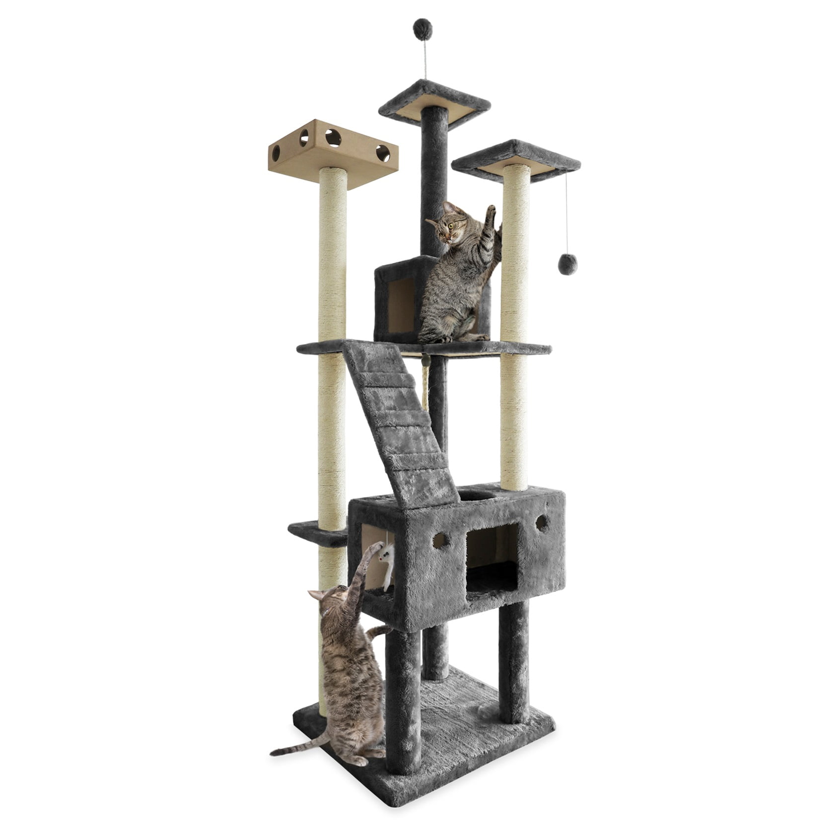 Tall Gray Sisal Cat Tree with Multiple Levels and Condos