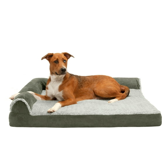 FurHaven Pet Products Two-Tone Faux Fur & Suede Cooling Gel Top Deluxe Chaise Lounge Pet Bed for Dogs & Cats - Dark Sage, Jumbo