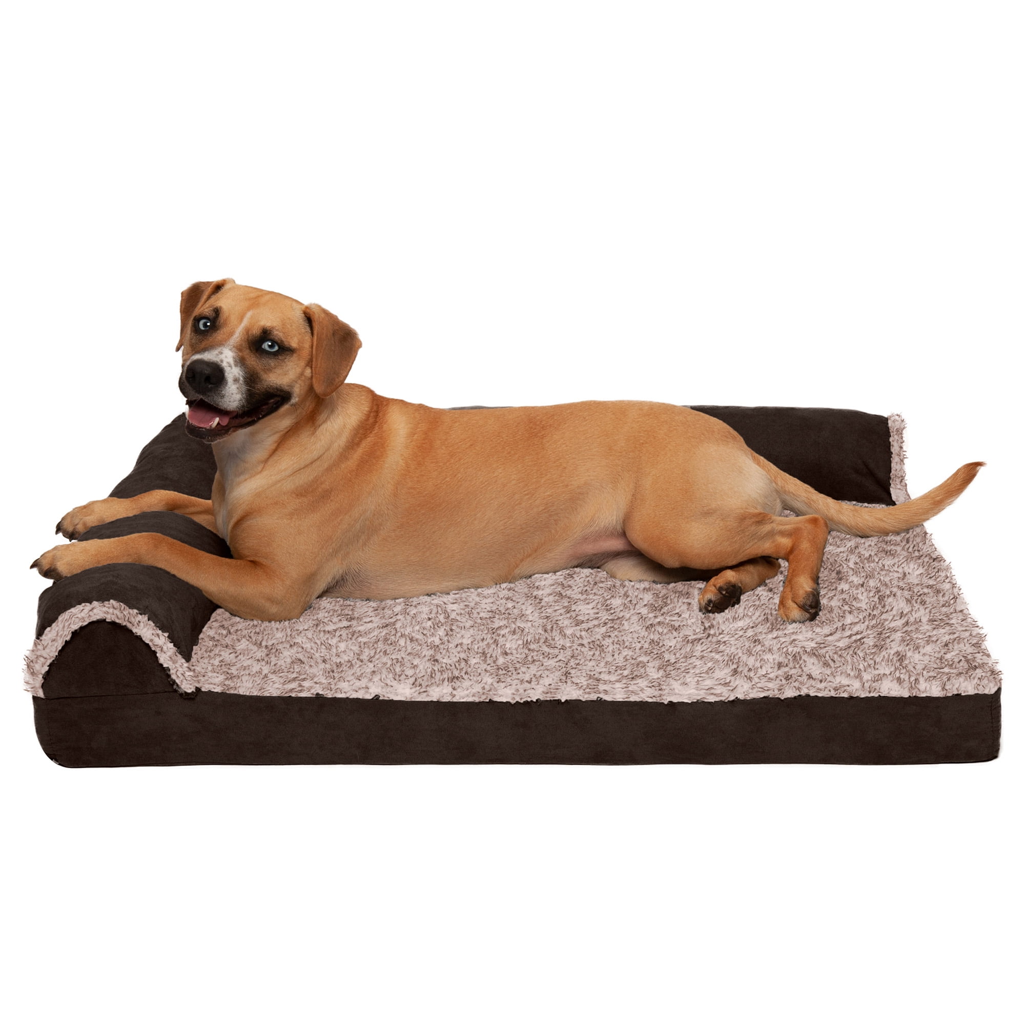 FurHaven Pet Products Two-Tone Faux Fur & Suede Cooling Gel Top Deluxe Chaise Lounge Pet Bed for Dogs & Cats - Espresso, Large