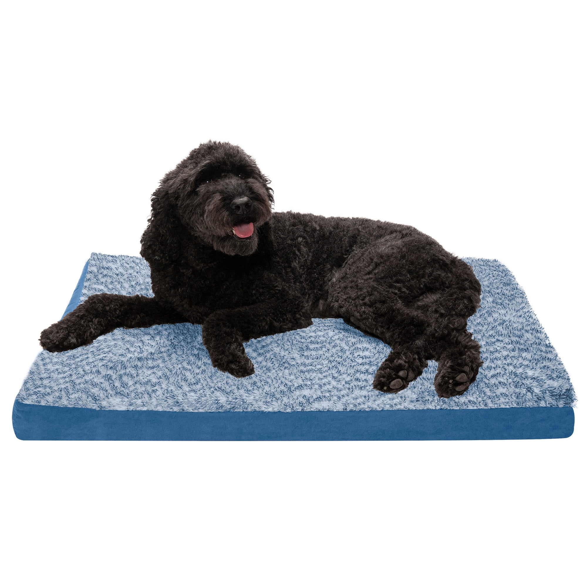 Large Marine Blue Faux Fur and Suede Orthopedic Dog Bed
