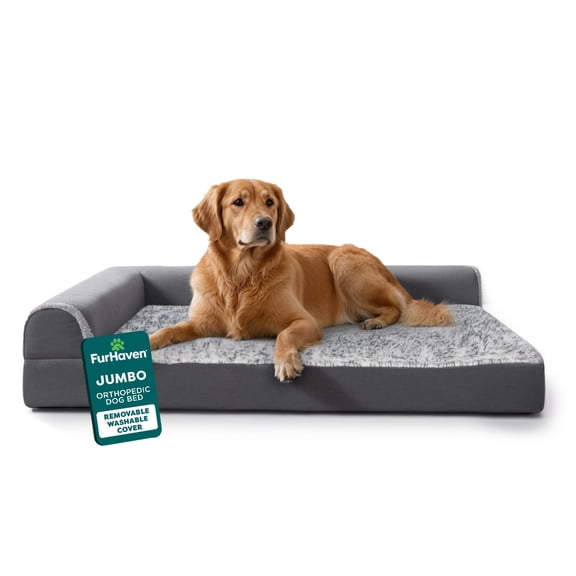 FurHaven Pet Products Two-Tone Faux Fur & Suede Deluxe Orthopedic Chaise Lounge Pet Bed for Dogs & Cats - Stone Gray, Jumbo