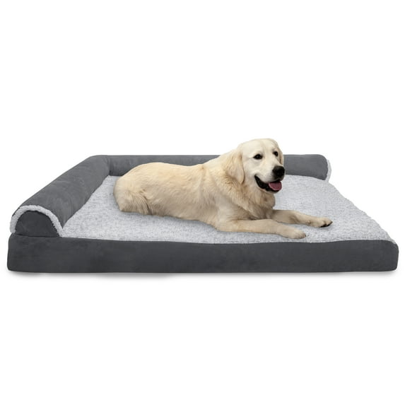 FurHaven Pet Products Two-Tone Faux Fur & Suede Memory Top Deluxe Chaise Lounge Pet Bed for Dogs & Cats - Stone Gray, Jumbo Plus