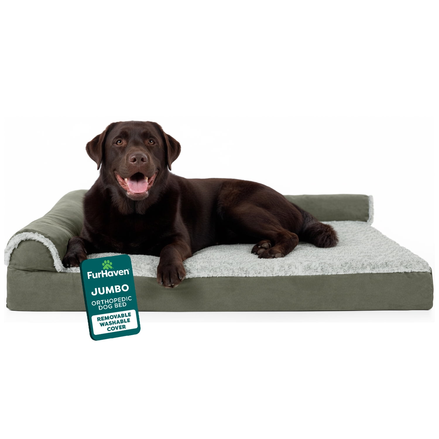 FurHaven Pet Products Two-Tone Faux Fur & Suede Orthopedic Deluxe Chaise Lounge Pet Bed for Dogs & Cats - Dark Sage, Jumbo