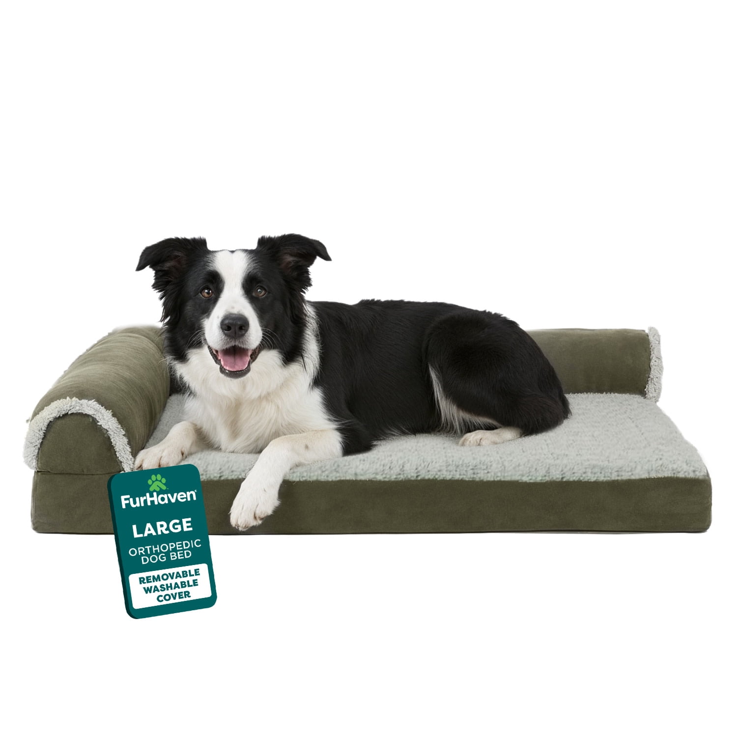 FurHaven Pet Products Two-Tone Faux Fur & Suede Orthopedic Deluxe Chaise Lounge Pet Bed for Dogs & Cats - Dark Sage, Large