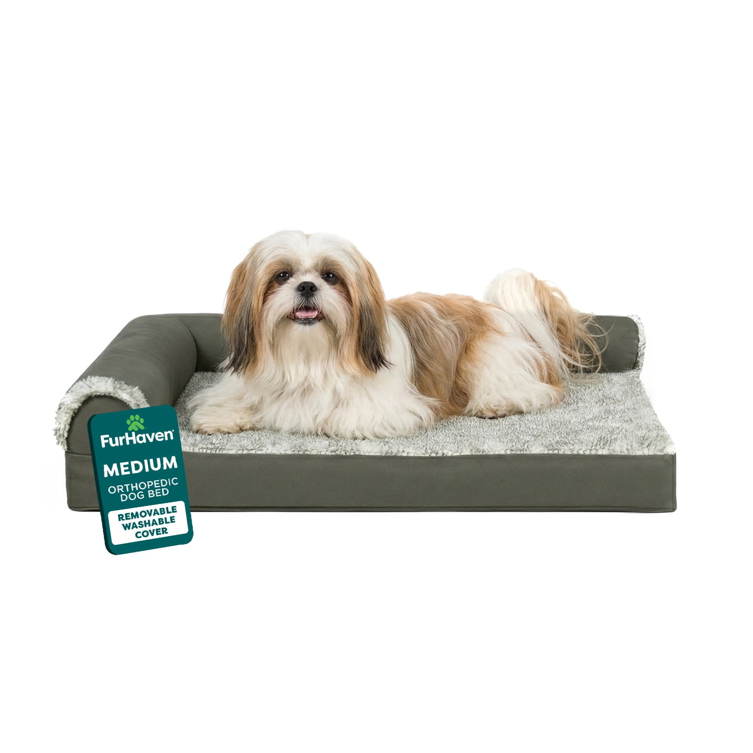 FurHaven Pet Products Two-Tone Faux Fur & Suede Orthopedic Deluxe Chaise Lounge Pet Bed for Dogs & Cats - Dark Sage, Medium