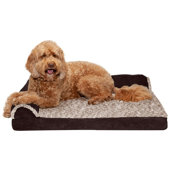 FurHaven Pet Dog Bed | Deluxe Orthopedic Faux Fur & Suede L-Shaped Chaise Couch Pet Bed for Dogs & Cats, Espresso, Large