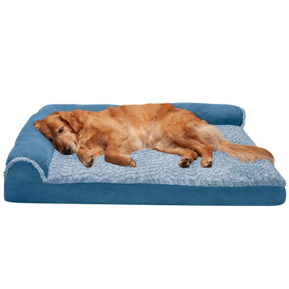 FurHaven Pet Products Two-Tone Faux Fur & Suede Orthopedic Deluxe Chaise Lounge Pet Bed for Dogs & Cats - Marine Blue, Jumbo