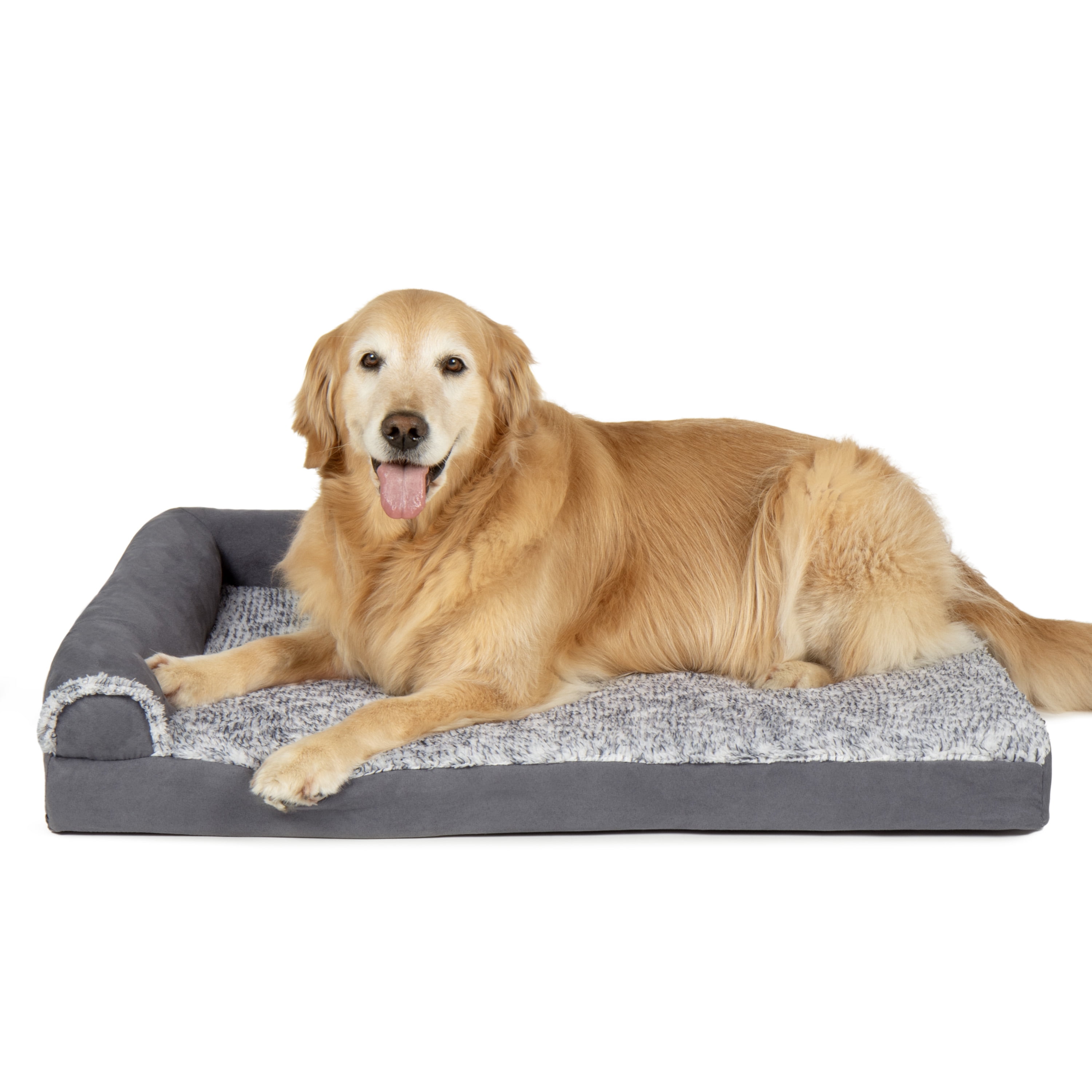 FurHaven Pet Products Two-Tone Faux Fur & Suede Orthopedic Deluxe Chaise Lounge Pet Bed for Dogs & Cats - Stone Gray, Large