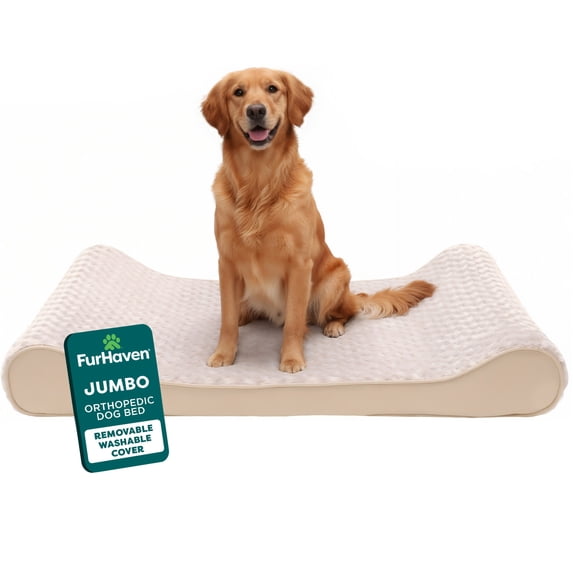 FurHaven Orthopedic Dog Bed for Large Dogs, Luxe Lounger Contour Mattress with Solid Orthopedic Foam Slab for Joint Support, Removable Washable Cover, Jumbo XL, Plush Suede, Cream