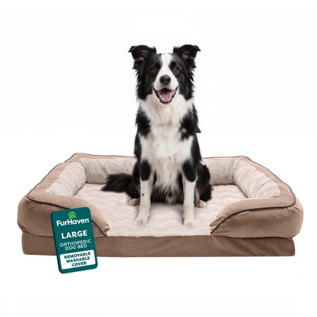 FurHaven Perfect Comfort Sofa Pet Bed, Cool Gel-Top Foam with a Solid Orthopedic Foam Base for Joint Support, Removable, Washable Cover, Large, Plush & Velvet, Brownstone