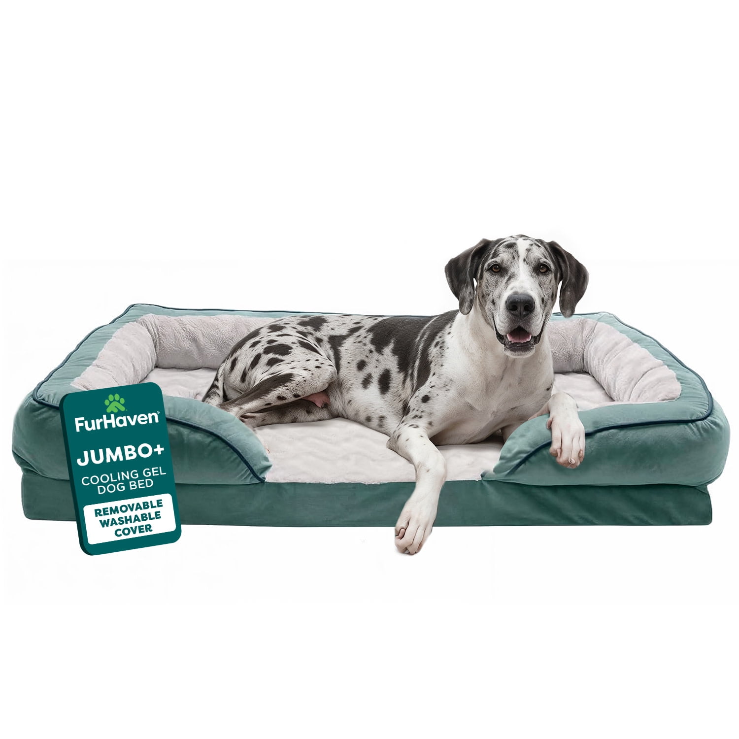 FurHaven Pet Products | Cooling Gel Memory Foam Orthopedic Perfect Comfort Velvet Waves Sofa-Style Couch Pet Bed for Dogs & Cats, Celadon Green, Jumbo Plus