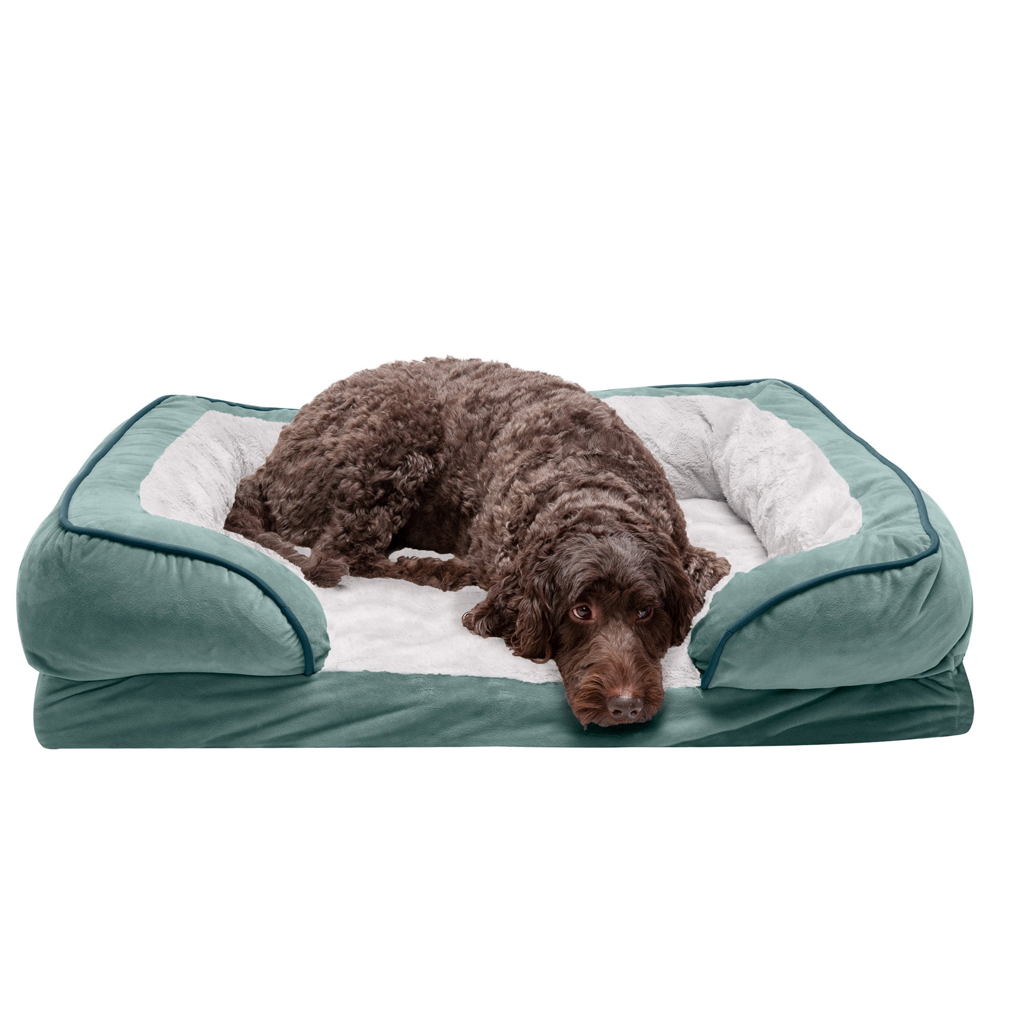 FurHaven Velvet Waves Perfect Comfort Cooling Gel-Top Sofa Pet Bed, Celadon Green, Large, 1 Count