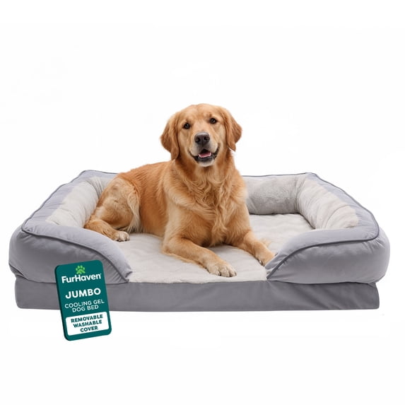 FurHaven Cooling Gel Dog Bed for Large Dogs, Perfect Comfort Sofa Bed with Cool Gel-Top Foam with a Solid Orthopedic Foam Base for Joint Support, Washable Cover, Jumbo XL, Plush & Velvet Granite Gray