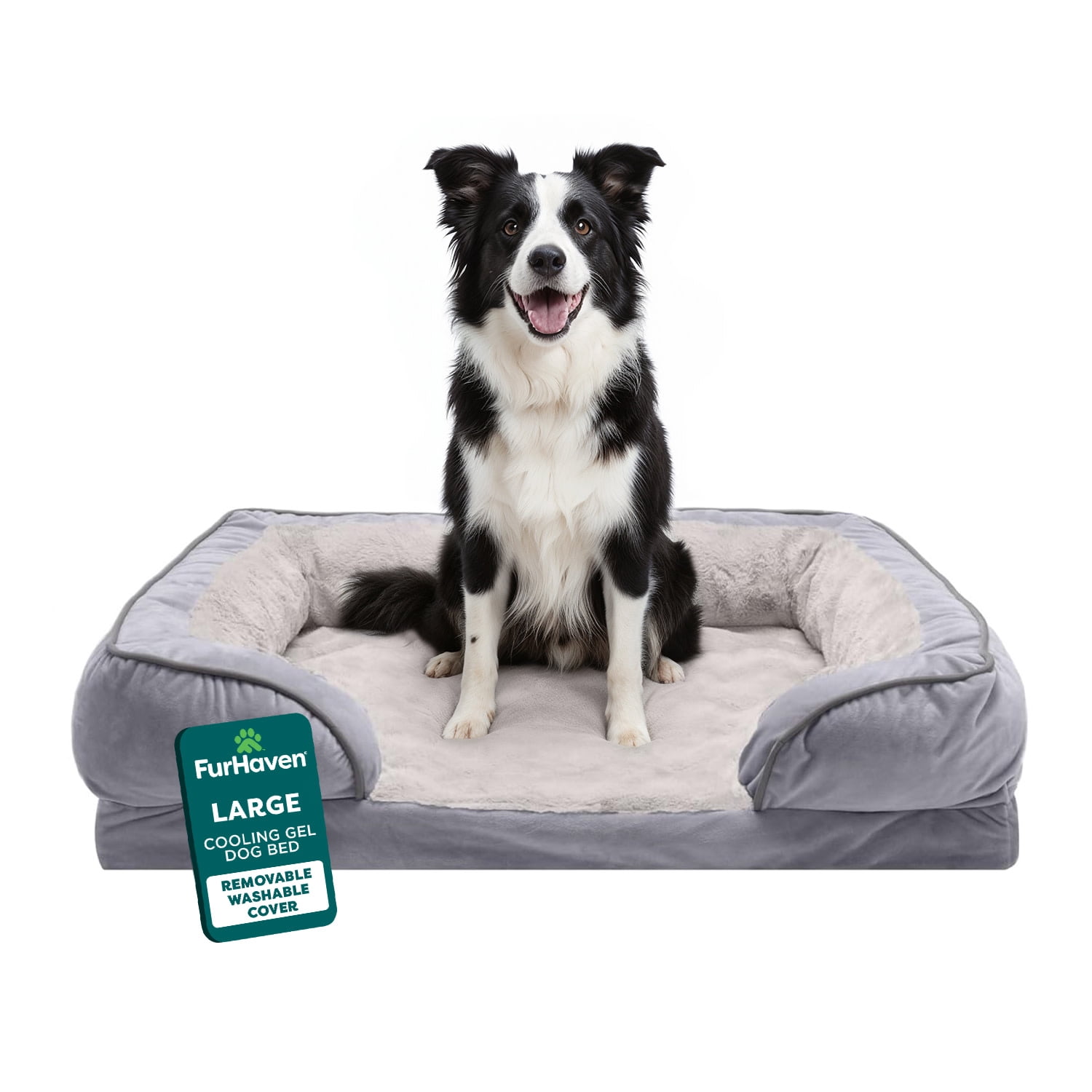 FurHaven Cooling Gel Dog Bed for Large Dogs, Perfect Comfort Sofa Bed, Cool Gel-Top Foam & Solid Orthopedic Foam Base for Joint Support, Removable Washable Cover, Large, Plush & Velvet, Granite Gray