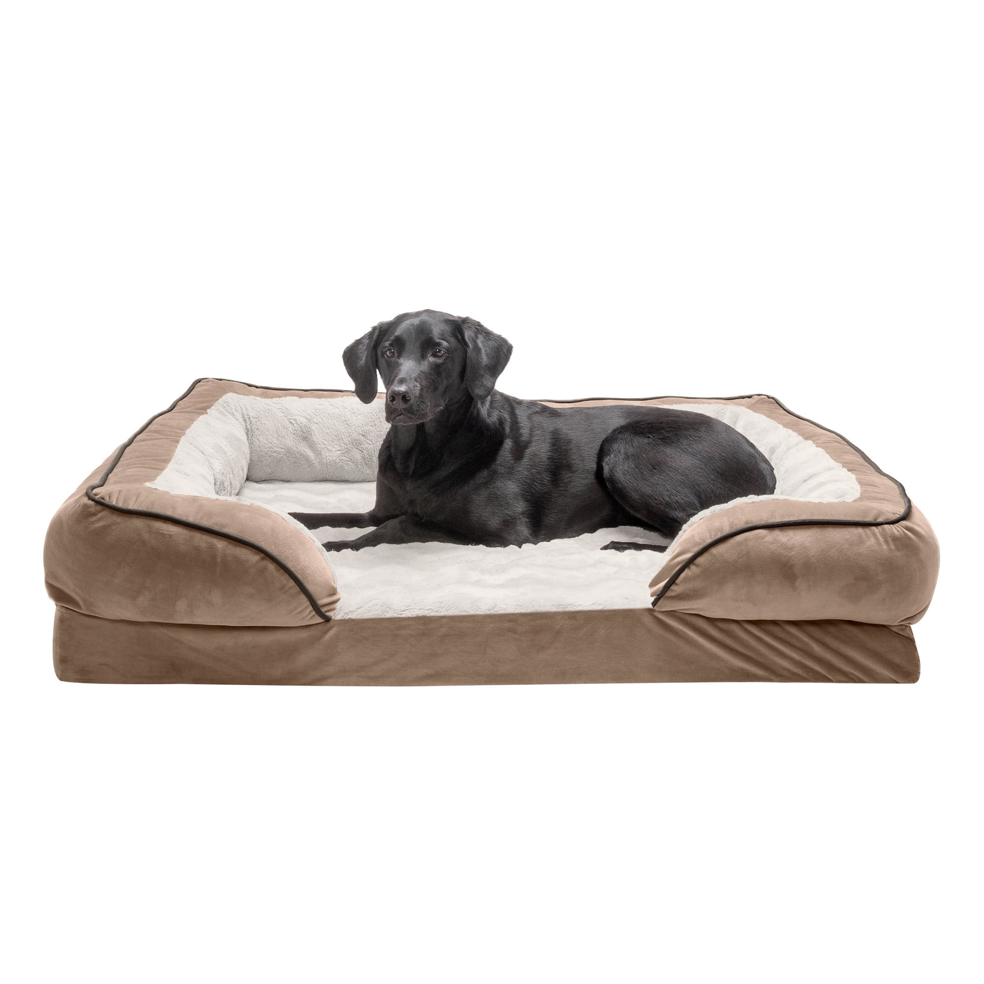 FurHaven Orthopedic Dog Bed for Large Dogs, Perfect Comfort Sofa, Egg Crate with a Solid Orthopedic Foam Base for Joint Support, Washable Cover, Jumbo XL, Plush & Velvet Waves, Brownstone