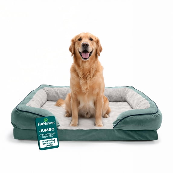 FurHaven Orthopedic Dog Bed For Large Dogs, Sofa-style With Orthopedic Egg Crate with a Solid Orthopedic Foam Base for Joint Support, Washable Cover, Jumbo XL, Plush & Velvet Waves, Celadon Green