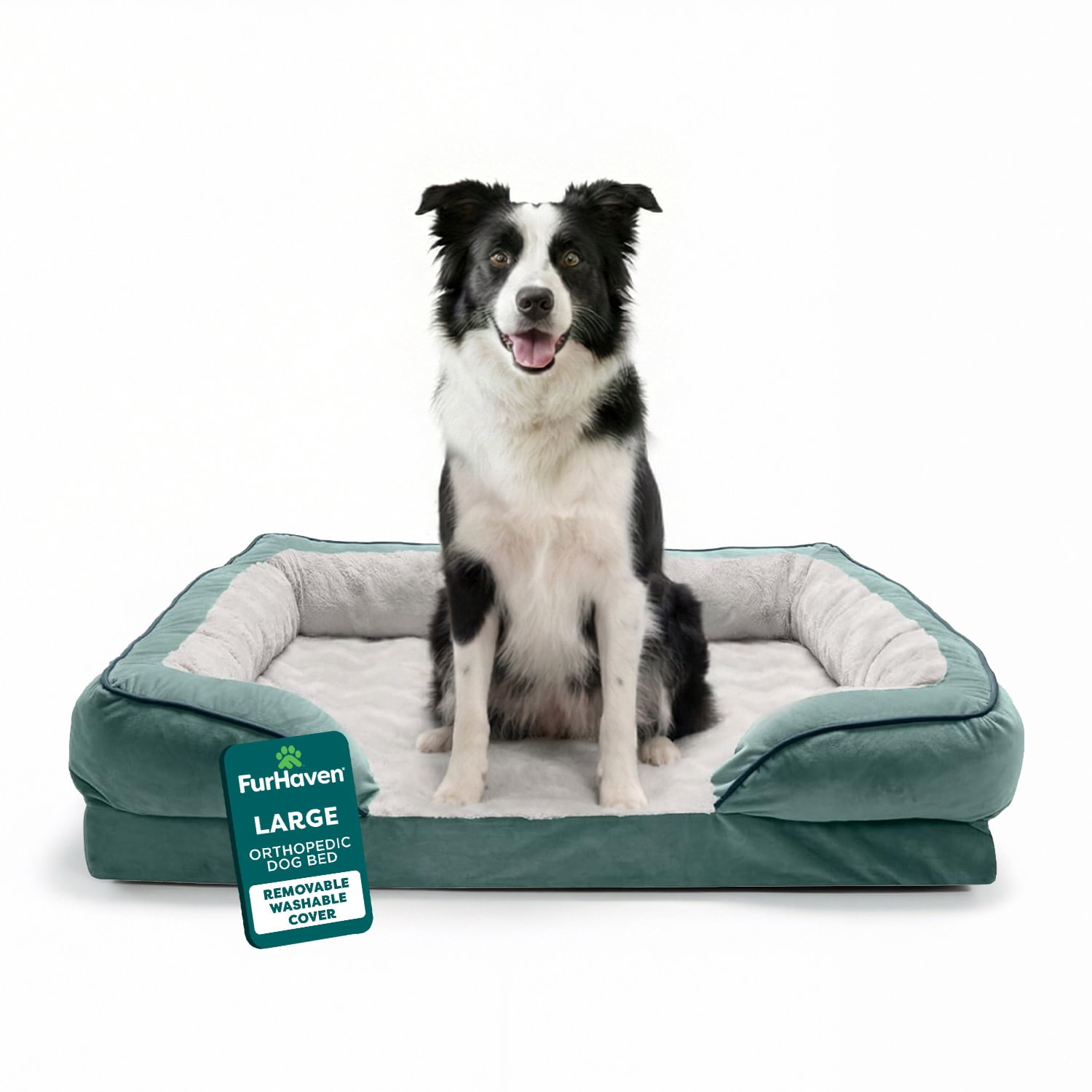 FurHaven Orthopedic Dog Bed for Large Dogs, Perfect Comfort Sofa, Egg Crate with a Solid Orthopedic Foam Base for Joint Support, Removable, Washable Cover, Large, Plush & Velvet, Celadon Green