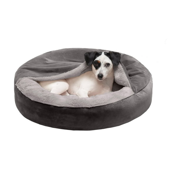 FurHaven Pet Products Wave Faux Fur & Velvet Hooded Donut Pet Bed for Dogs & Cats - Dark Gray, Small