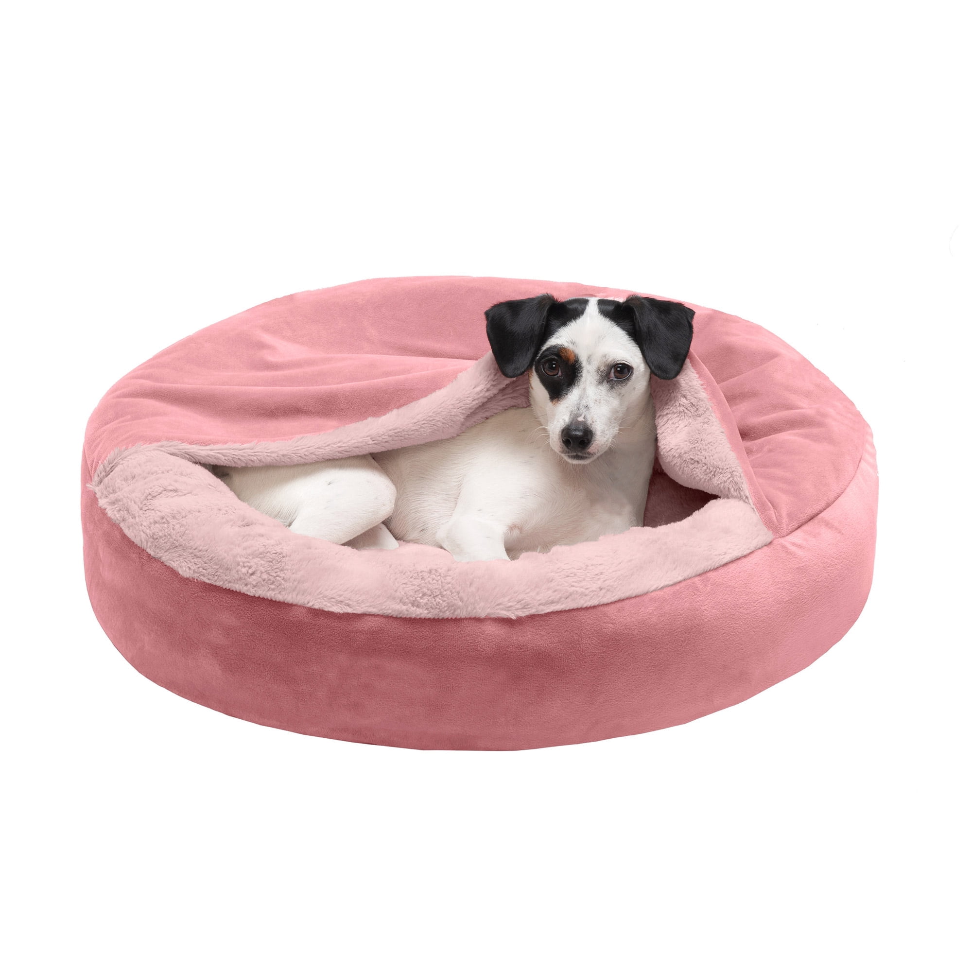 Furhaven Velvet & Wave Fur Hooded Donut Bed, Dark Gray & Rose Pink, Small