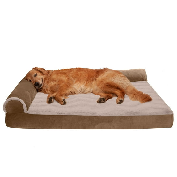 FurHaven Wave Fur & Velvet Memory Foam Deluxe L-Chaise Pet Bed for Dogs & Cats - Brownstone, Jumbo