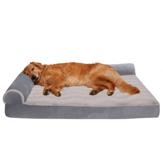 FurHaven Wave Fur & Velvet Memory Foam Deluxe L-Chaise Pet Bed for Dogs & Cats - Granite Gray, Jumbo