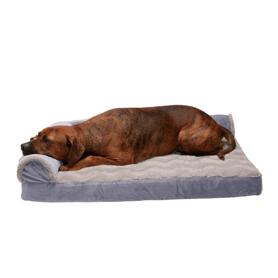 FurHaven Wave Fur & Velvet Memory Foam Deluxe L-Chaise Pet Bed for Dogs & Cats - Granite Gray, Large