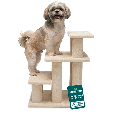 FurHaven Steady Paws Multi-Step Pet Stairs for High Beds & Sofas, Faux Fur Covered Dog Stairs for Small & Large Dogs, 3-Step Design, Plush Faux Fur, Cream