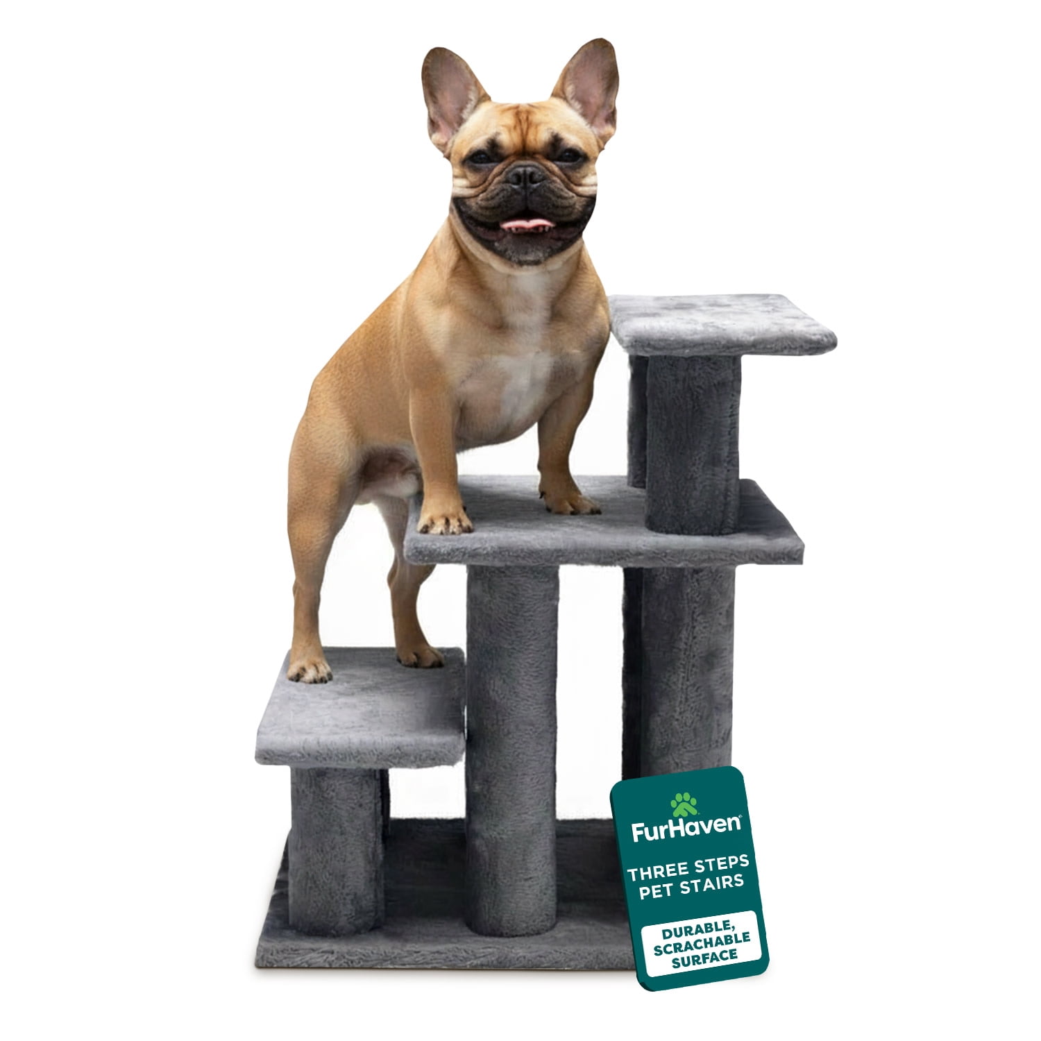 FurHaven Steady Paws Multi-Step Pet Stairs for High Beds & Sofas, Faux Fur Covered Dog Stairs for Small & Large Dogs, 3-Step Design, Plush Faux Fur, Gray