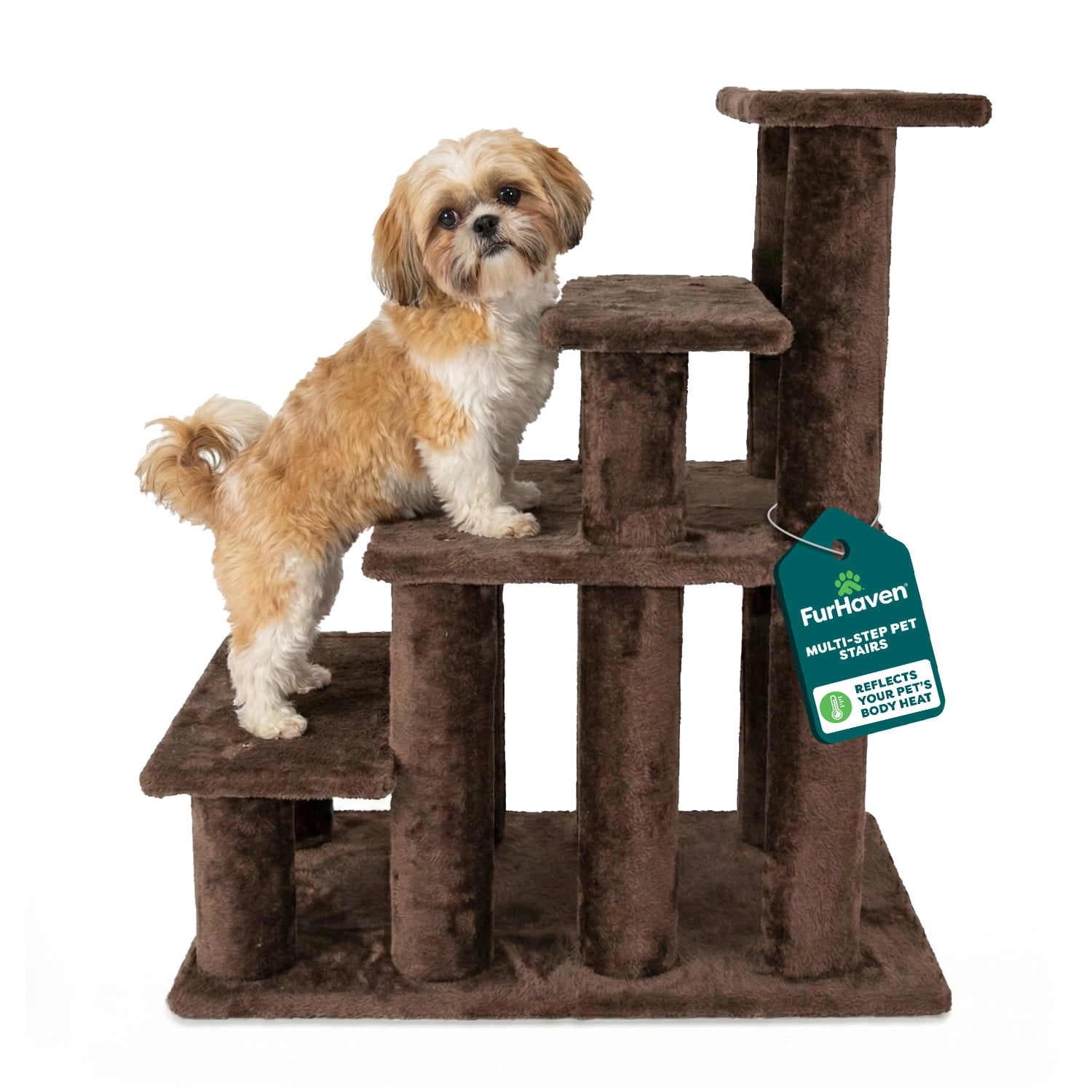 FurHaven Steady Paws Multi-Step Pet Stairs for High Beds & Sofas, Faux Fur Covered Dog Stairs for Small & Large Dogs, 4-Step Design, Plush Faux Fur, Brown
