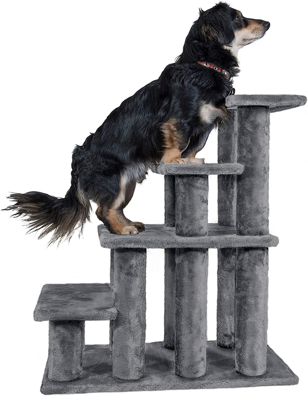 Gray Plush 4-Step Pet Stairs for Beds and Sofas