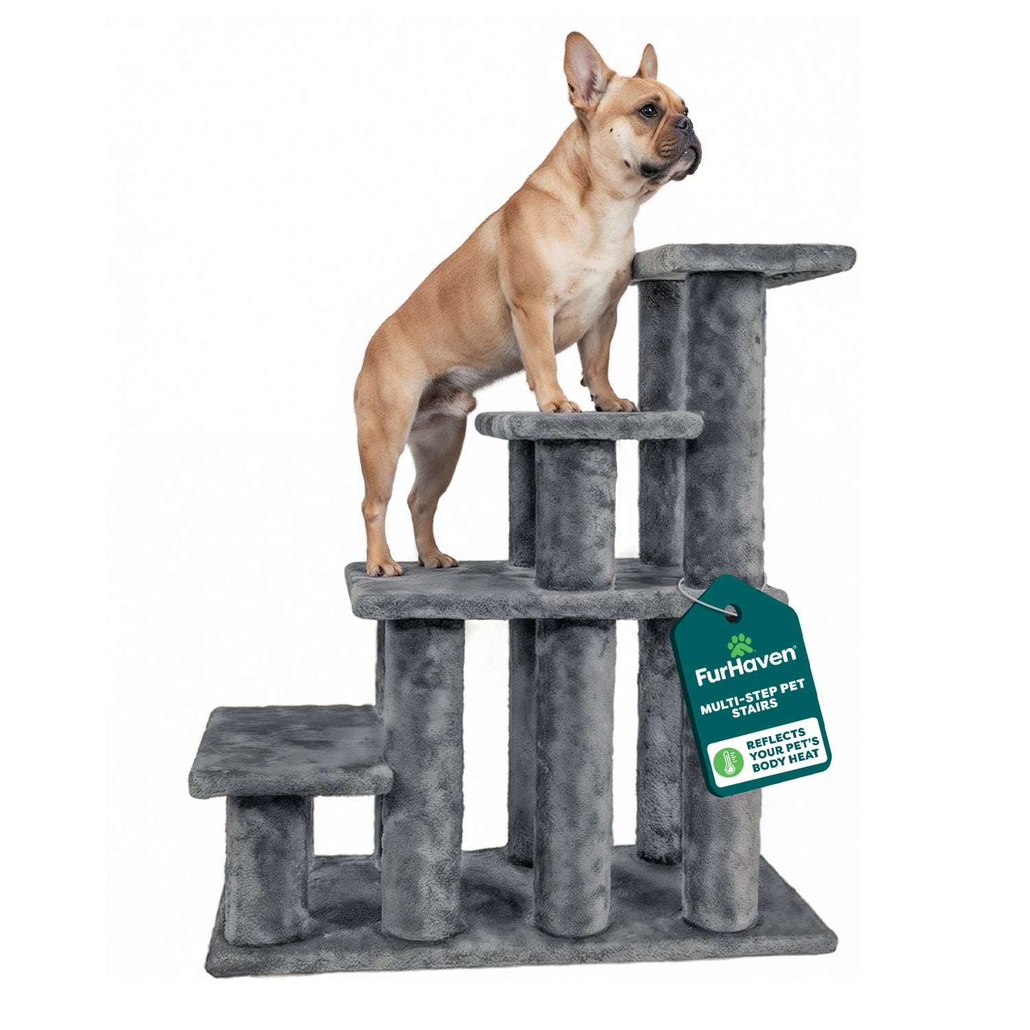 FurHaven Steady Paws Multi-Step Pet Stairs for High Beds & Sofas, Faux Fur Covered Dog Stairs for Small & Large Dogs, 4-Step Design, Plush Faux Fur, Gray