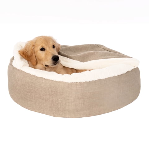 FurHaven Plush & Performance Linen Hooded Donut Pet Bed for Dogs & Cats - Flax, Medium - 27"