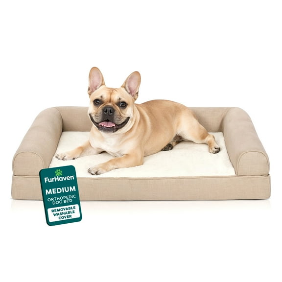 FurHaven Pet Products Medium Plush & Performance Linen Orthopedic Sofa Dog Bed, Flax