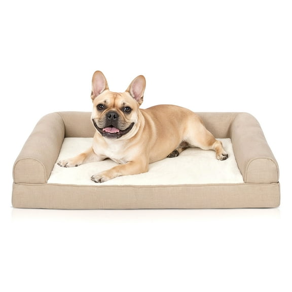 FurHaven Plush & Performance Linen Orthopedic Sofa Pet Bed for Dogs & Cats - Flax, Medium