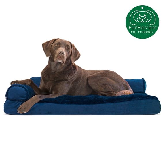 FurHaven | Plush & Velvet Deluxe L-Chaise Lounge Pillow Sofa-Style Pet Bed for Dogs & Cats, Deep Sapphire, Large