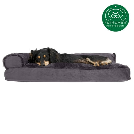 FurHaven | Plush & Velvet Deluxe L-Chaise Lounge Pillow Sofa-Style Pet Bed for Dogs & Cats, Platinum Gray, Medium