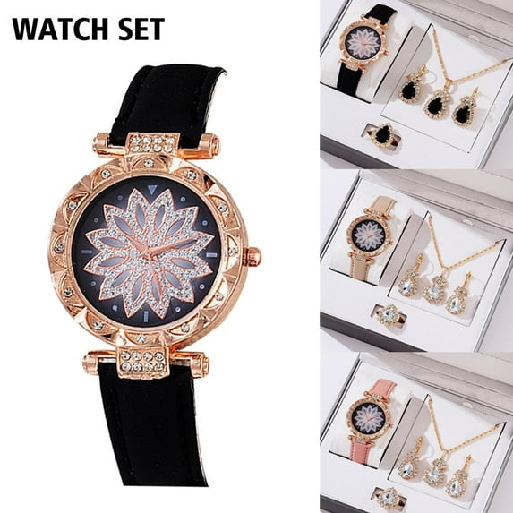 FurNest 4pcs Watches Women Leather Band Casual Women's WristWatch Gift