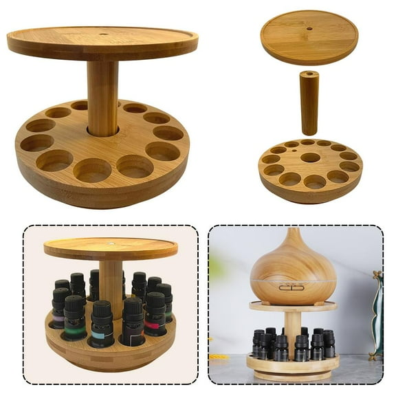 FurNest Bamboo Diffuser Holder Carousel- 2 Tier Height Increase Rack, Wooden Essential Oil Display Stand With Upper Tray for Holding Diffuser,360-degree Rotating for 5-20ml Bo