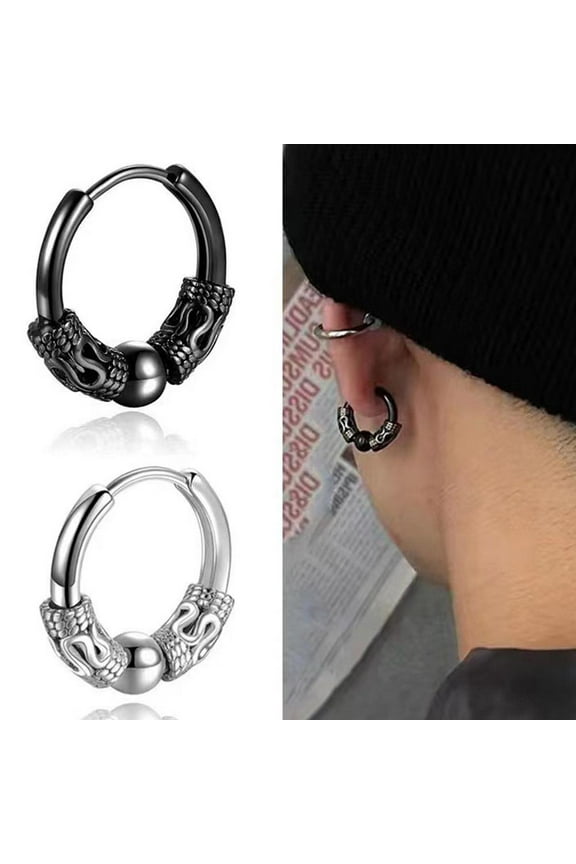 Cool Punk Men's Stainless Steel Hip Hop Stud Earrings Dragon Round BD