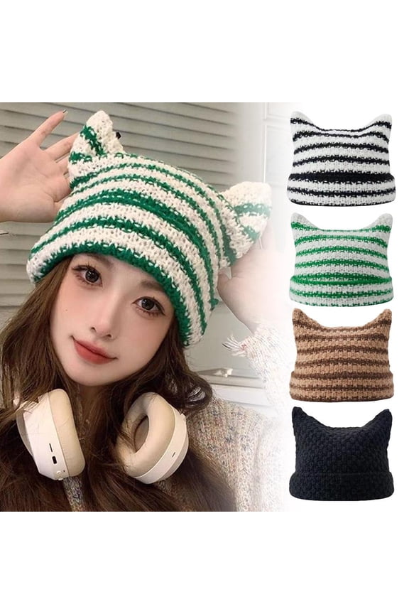 Cute Cat Ears Striped Knitted Hat Japanese * Warm * Wool Women 