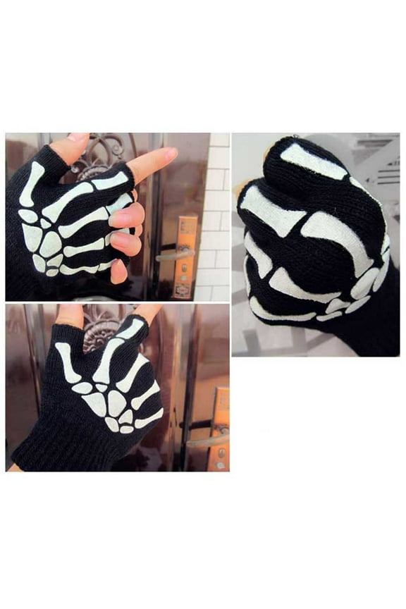 Gothic Knitted Black with White Skeleton Bones Fingerless Punk; Gl