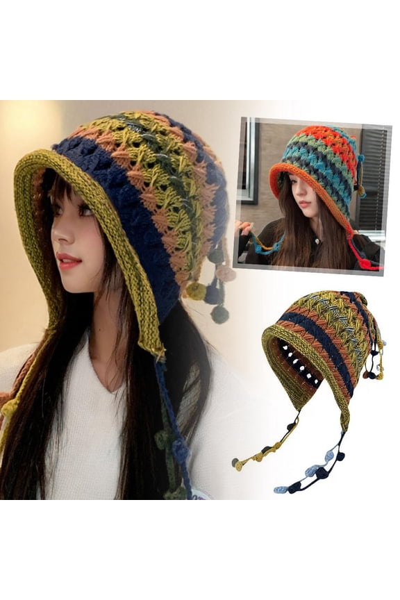 Knitted Crocheted Colorful Wool Hat Crochet * Warm Earflap Hat Tassel Ho